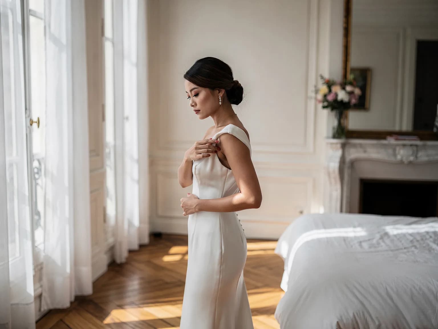 Bride adjusting her outfit in a Haussmann-style room bathed in morning light — illustration