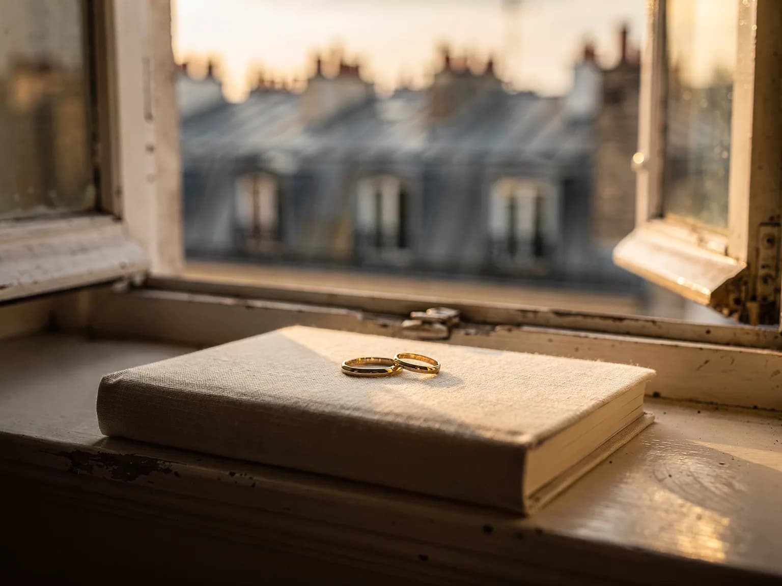 Two wedding rings on a notebook by a window overlooking Parisian rooftops — illustration