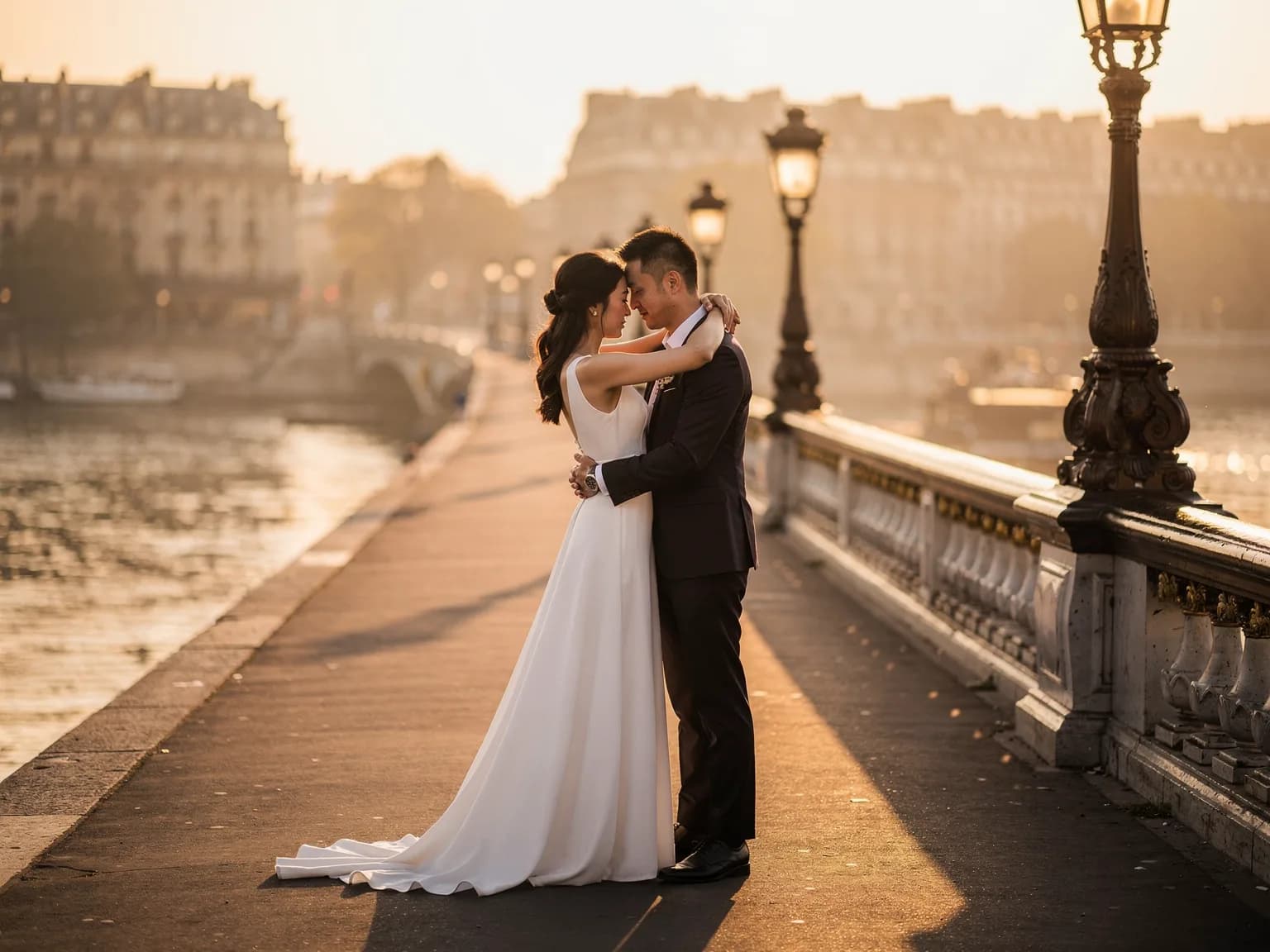 Couple embracing on a deserted Parisian bridge in golden morning light — illustration