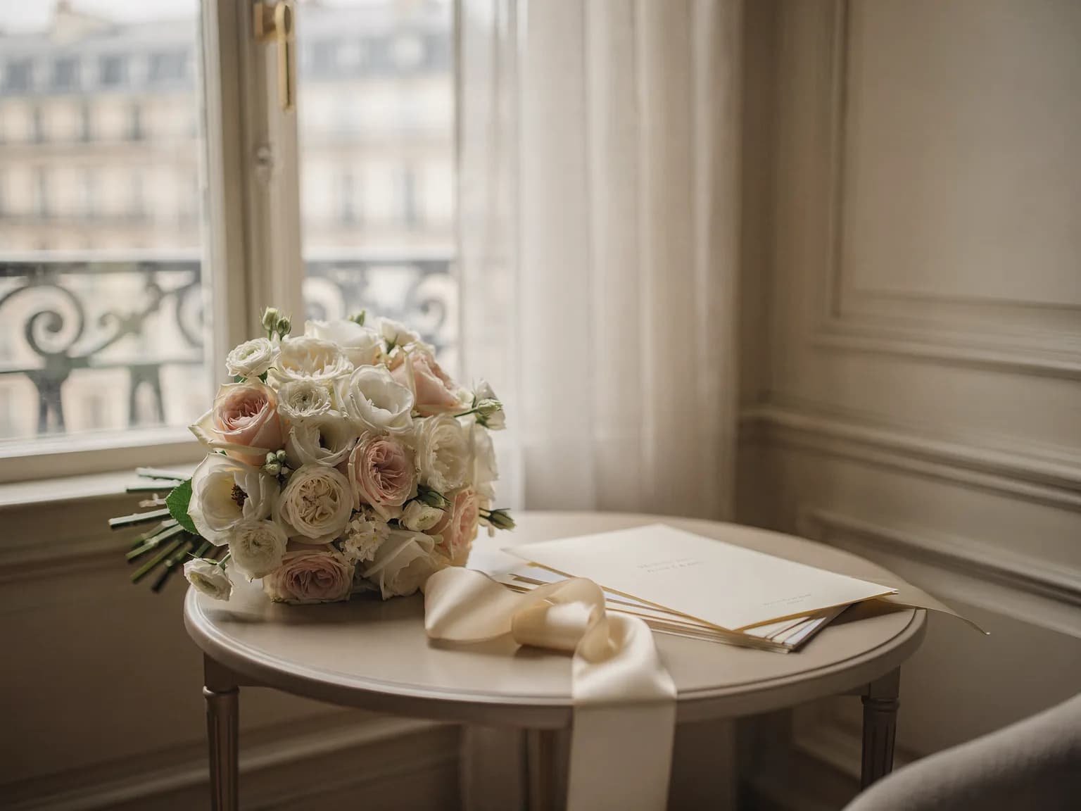Bridal bouquet and stationery by a Parisian window — illustration