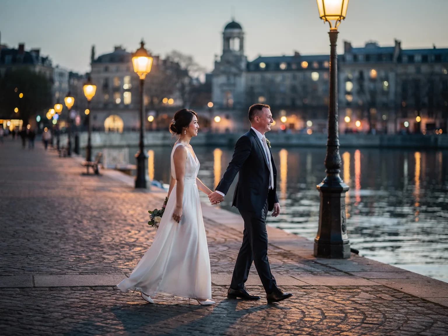 Couple in wedding attire walking alone on a Seine quay in the early morning — illustration