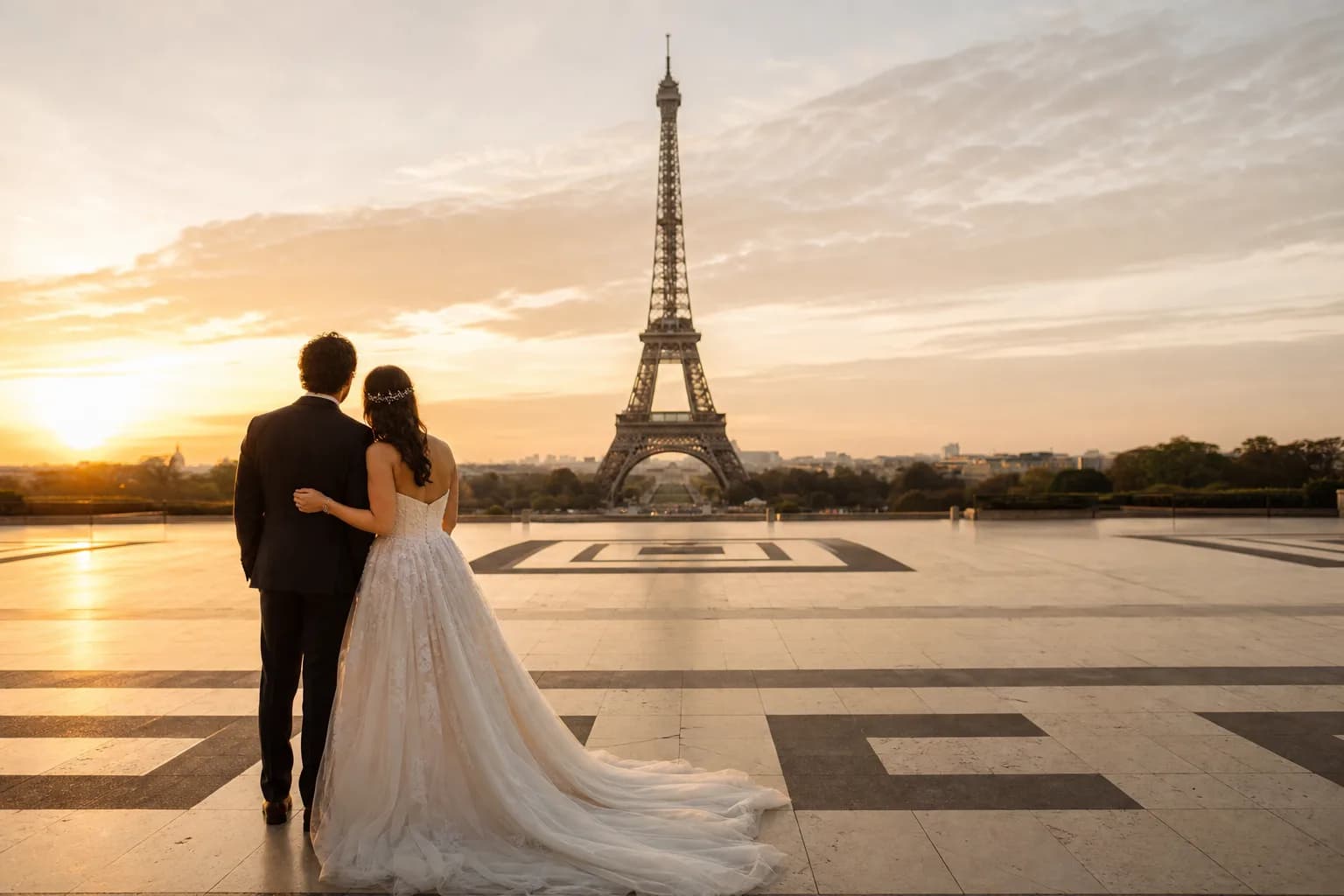 Couple de mariés devant la Tour Eiffel au lever du soleil, Paris