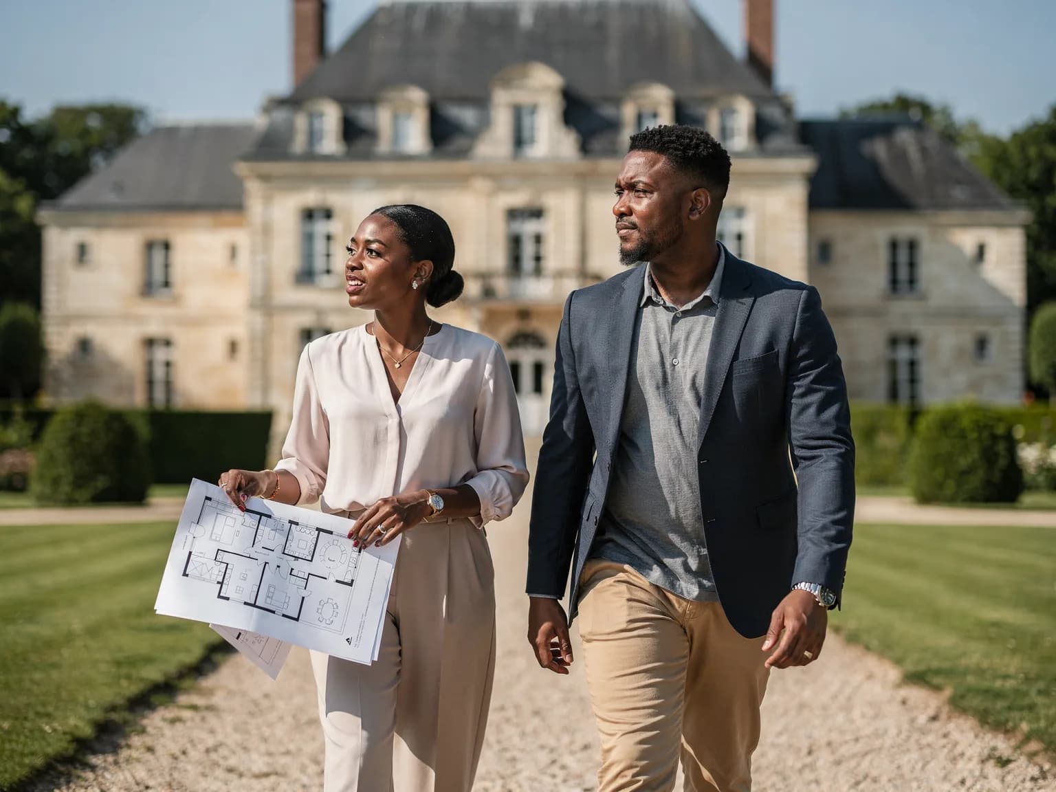 Couple visiting the grounds of a reception estate, venue plans in hand — illustration