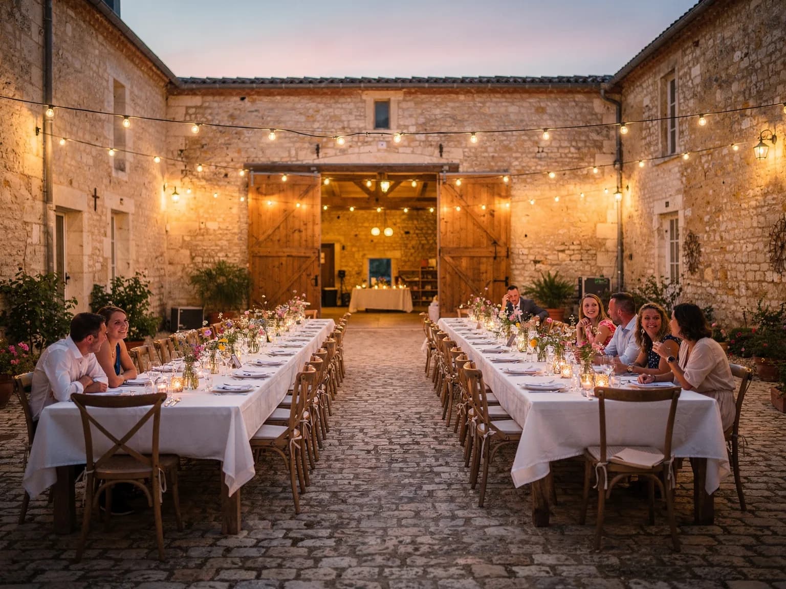 Courtyard of a Paris-region farmhouse decorated for a wedding reception — illustration
