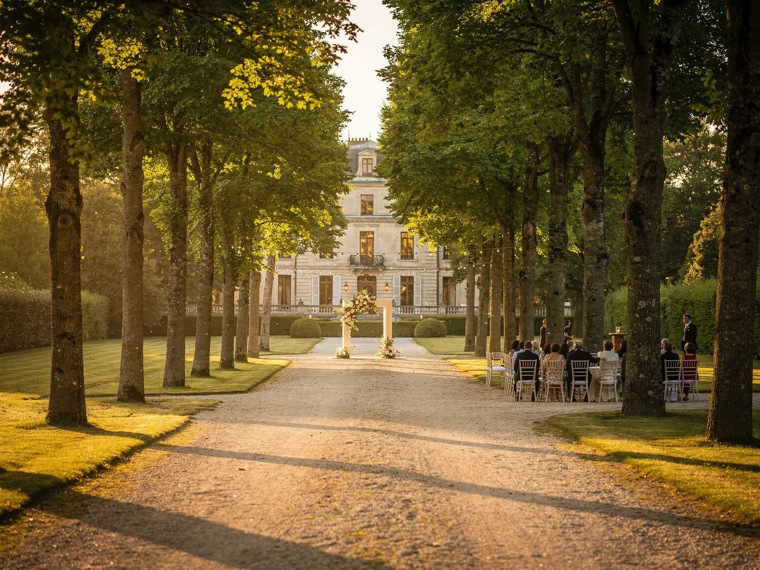 Tree-lined drive leading to a Paris-region reception estate at sunset — illustration