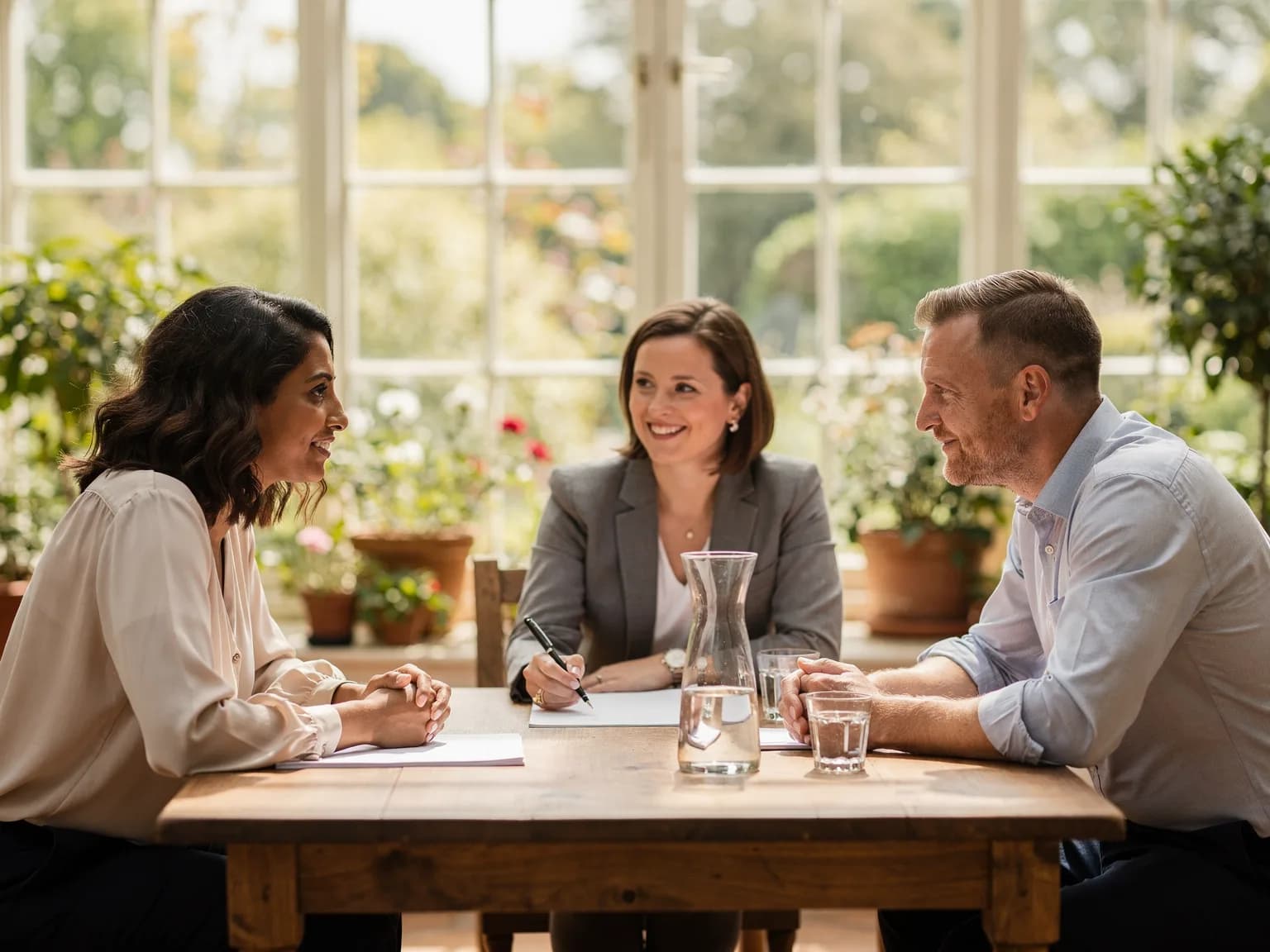 Couple talking with a venue manager around a table — illustration