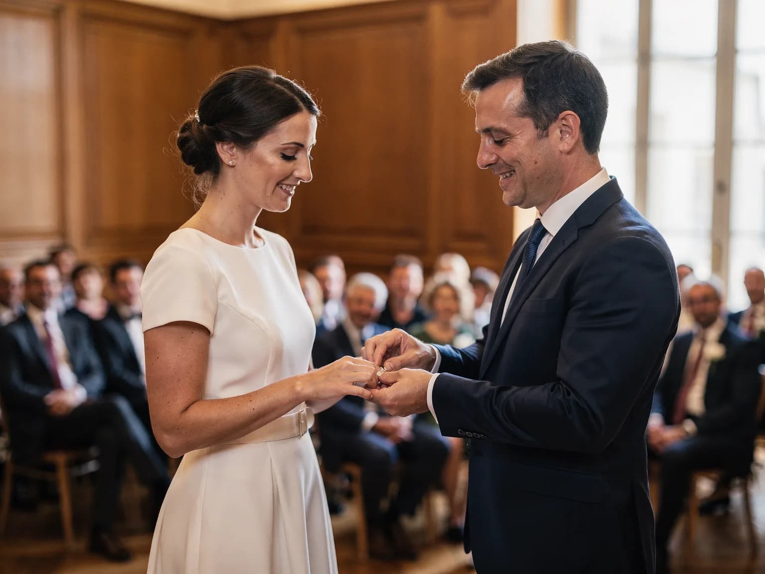 Couple échangeant les alliances dans une salle des mariages en France — illustration