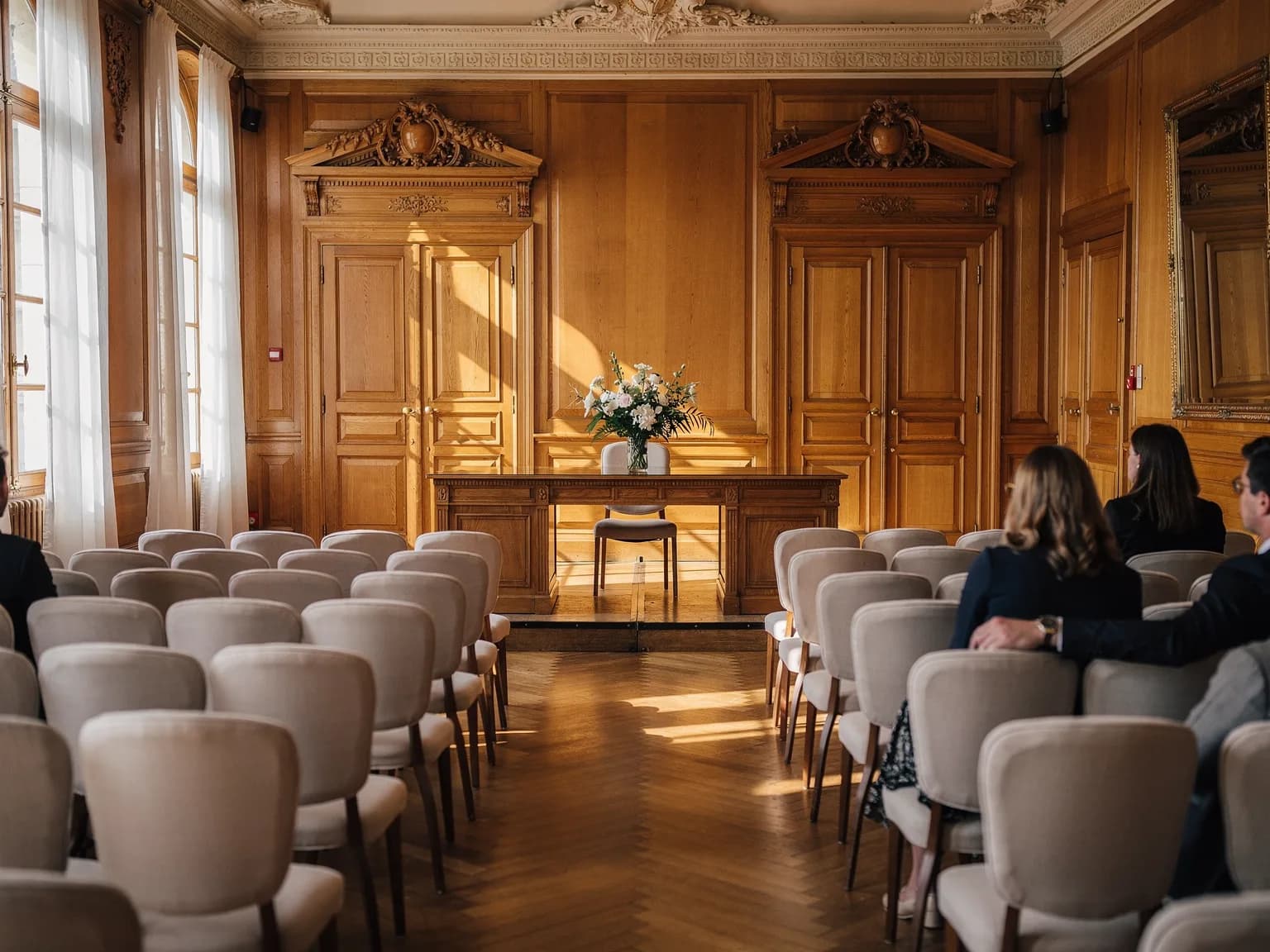 Salle des mariages à la française, boiseries et rangées de chaises en lumière naturelle — illustration