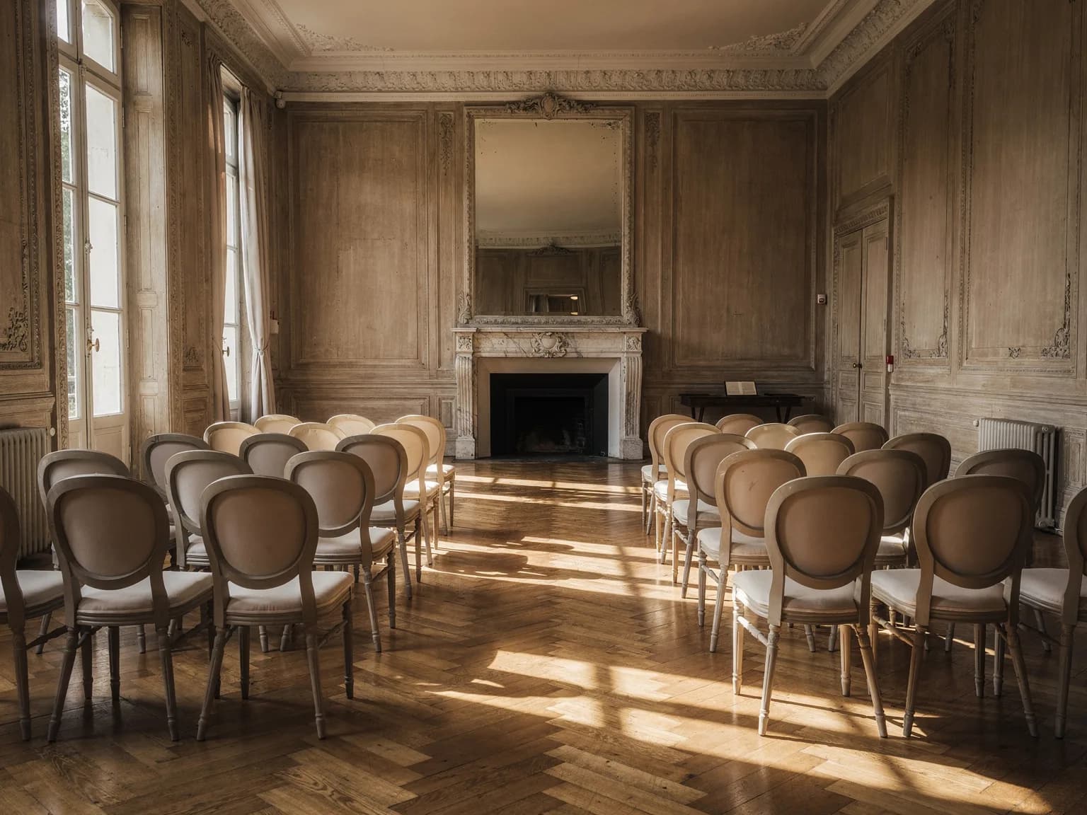 Salle des mariages à la française, boiseries et grandes fenêtres en lumière naturelle — illustration