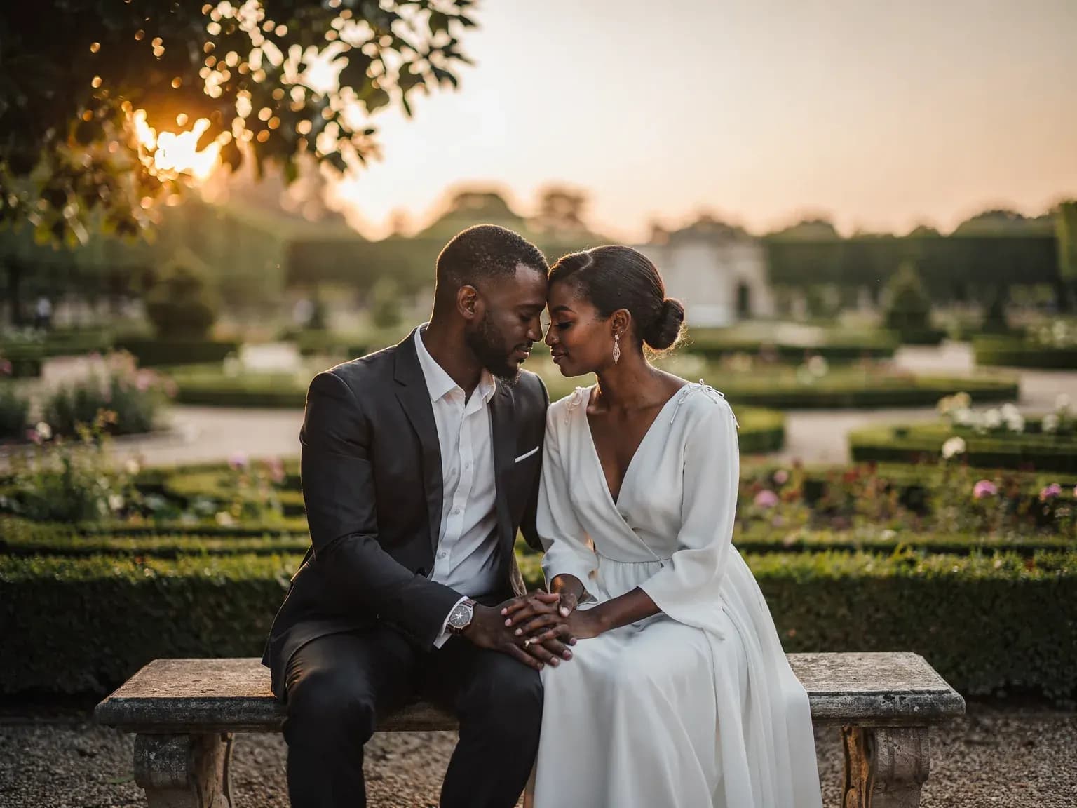 Séance photo de couple au coucher du soleil à Paris