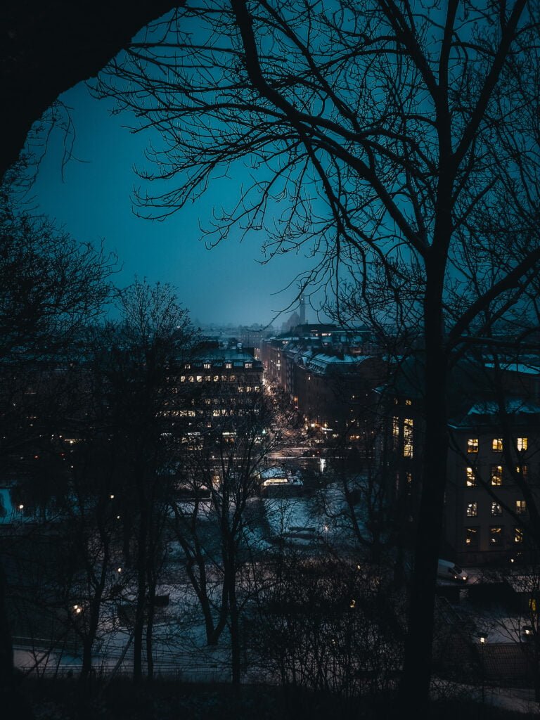 A city at night with trees and buildings